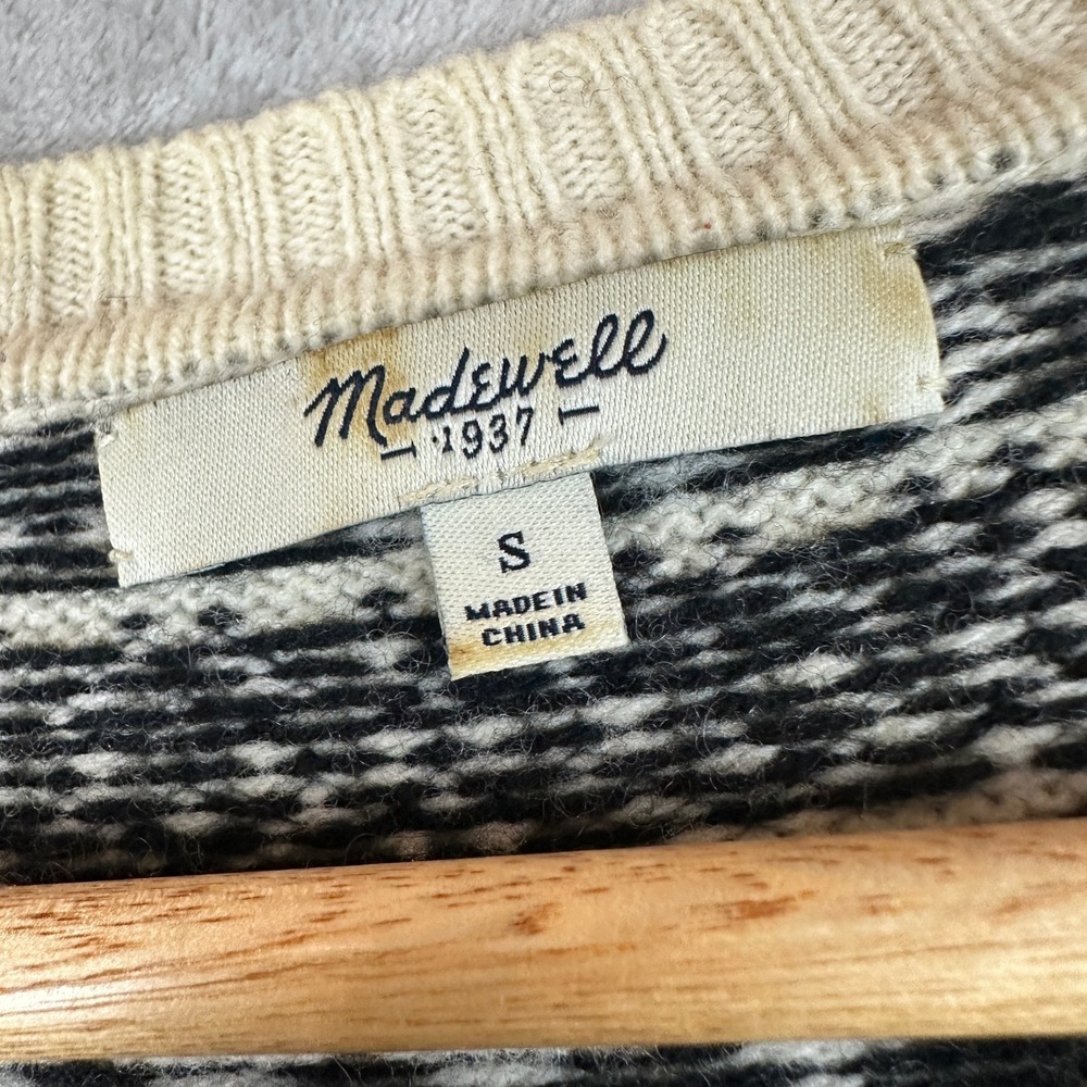 Madewell Merino Wool Fair Isle Striped Crewneck Sweater Black Cream B5340 Small - Picture 2 of 8